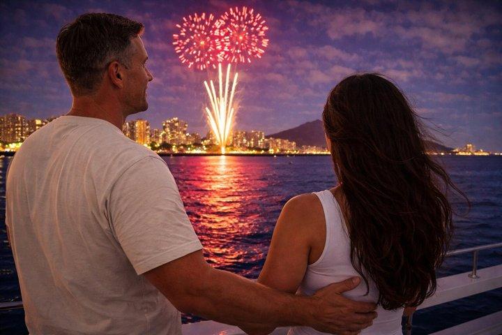 Crucero en barco por los fuegos artificiales desde Oahu