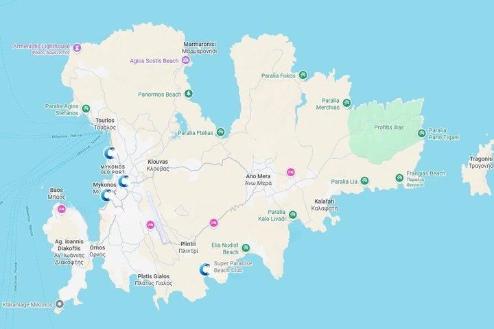 Mykonos Combo: Guided Walk, Reserved Sunbeds & Transport