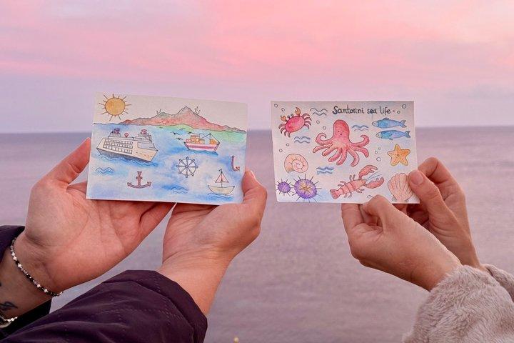 サントリーニ水彩画体験 海辺で
