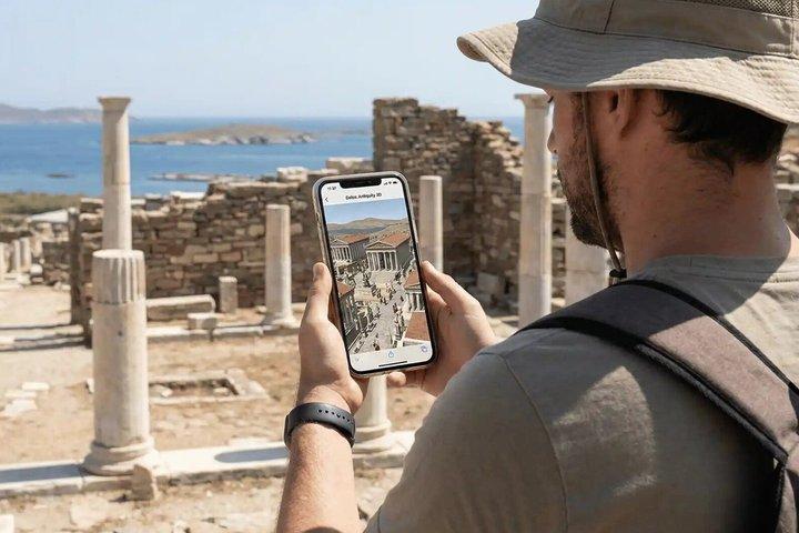 Mykonos solnedgång kryssning till Rhenia, 3D självtur i Delos, middag
