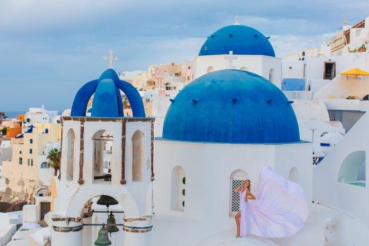 Flying Dress Photography in Oia Santorini