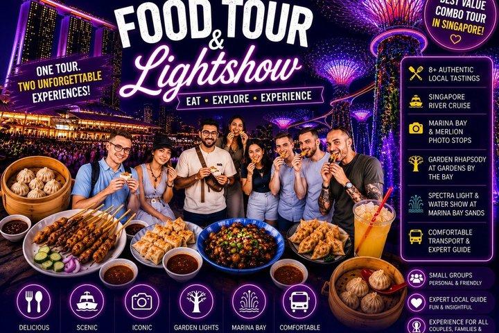 8 - timers guidet tur: mad tur, 40 - min flodkrydstogt & 2 lys shows