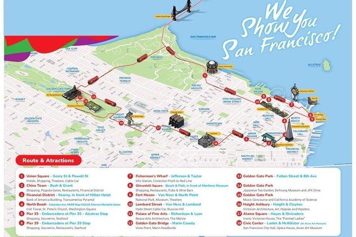 SF Hop-On Hop-Off: stops include GoldenGate Park & Painted Ladies
