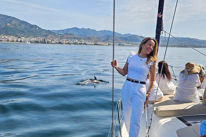 Shared tour Marbella dolphins drinks snack. luxe dufour412