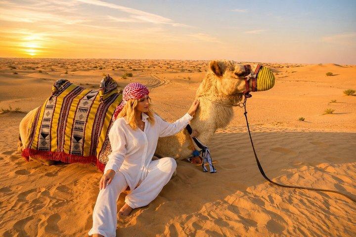 Dubaï Sunset Red Dunes Safari avec barbecue, balade à dos de chameau et Falcon