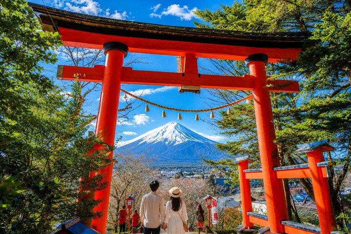 Mt.Fuji, Arakurayama, Oishi Park och Kawaguchikosjön från Tokyo