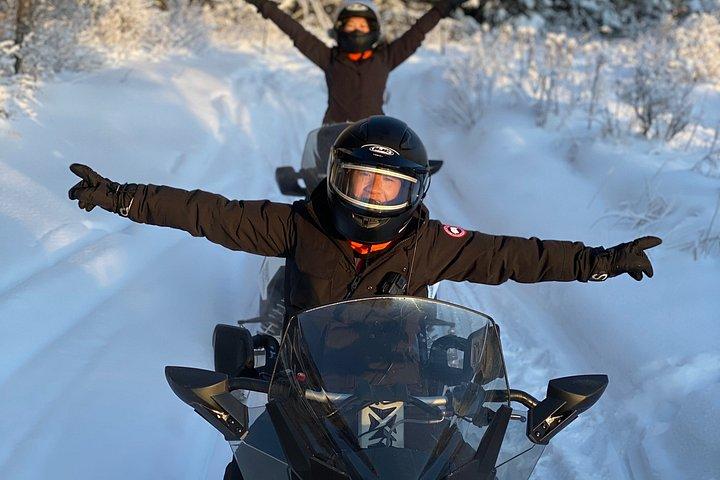 1時間フェアバンクガイド付き、ダブルライダー、スノーモービルアドベンチャー