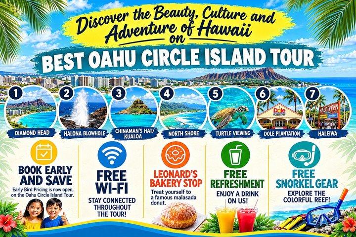 Circle Island Tour med Beach Stop, Leonard's Bakery og gratis Wi-Fi