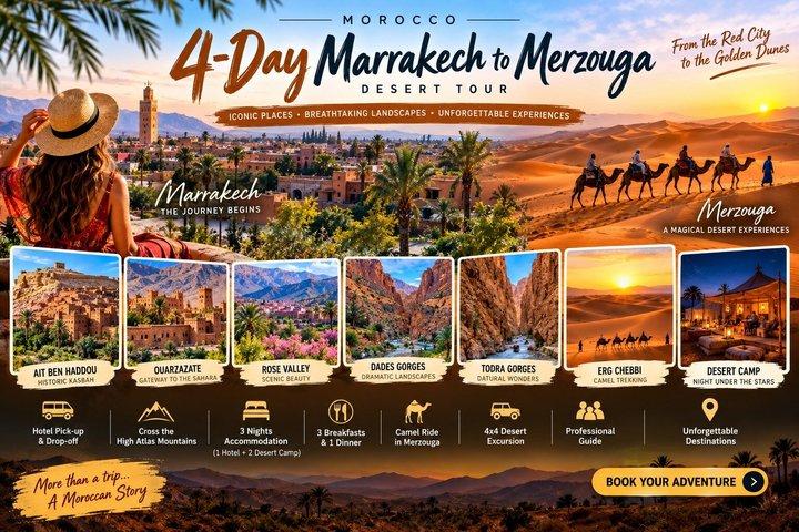 4-dages Marrakech til Merzouga ørkenrundtur via Ait Ben Haddou