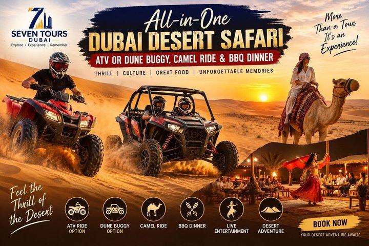 All in one Dubai Desert Safari ATV or Buggy Camelride BBQ Dinner