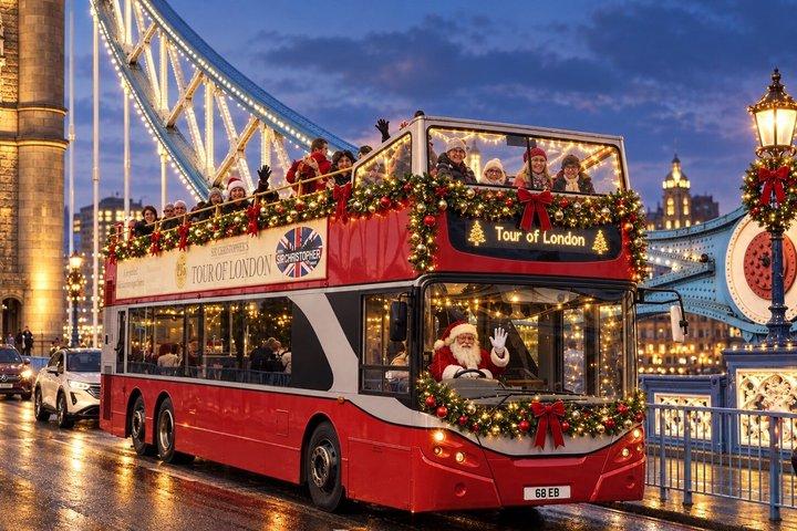 ロンドンのクリスマスライトオープン・トップバスツアーとサンタクロース