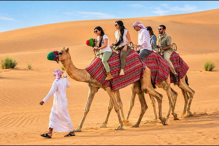 ドバイ砂漠サファリ:ダートバッシング、ラクダ乗り、バーベキュー、ショー付き