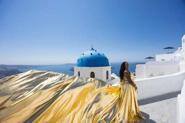 Flying Dress Photoshoot in Santorini, Blue Domes and Caldera View