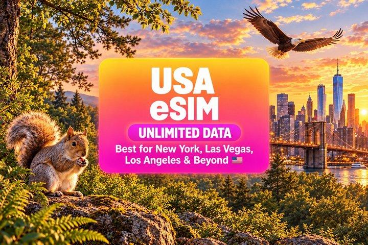 USA 無制限データ eSIM、5G + ホットスポット、1～90日間、最大5Mbps