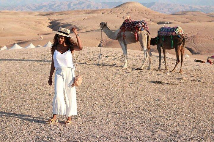 Sunset Camel Ride experience in the Agafay rocky Desert.