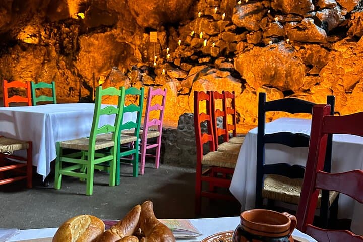 Pyramids of Teotihuacan and restaurant in a natural cave
