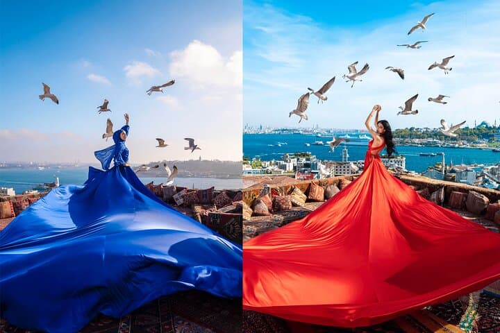 Flying Dress Rooftop Photoshoot in Istanbul (2Concepts, 1dress)