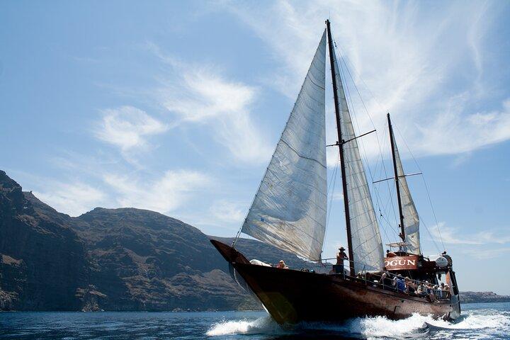 Respectuosa baleia observando em um barco de madeira e nadando