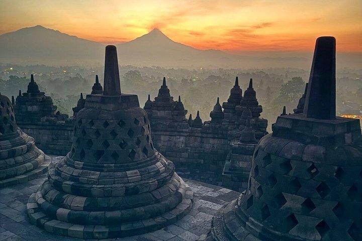 Borobudur Sunrise from Setumbu Hill Merapi Volcano and Prambanan